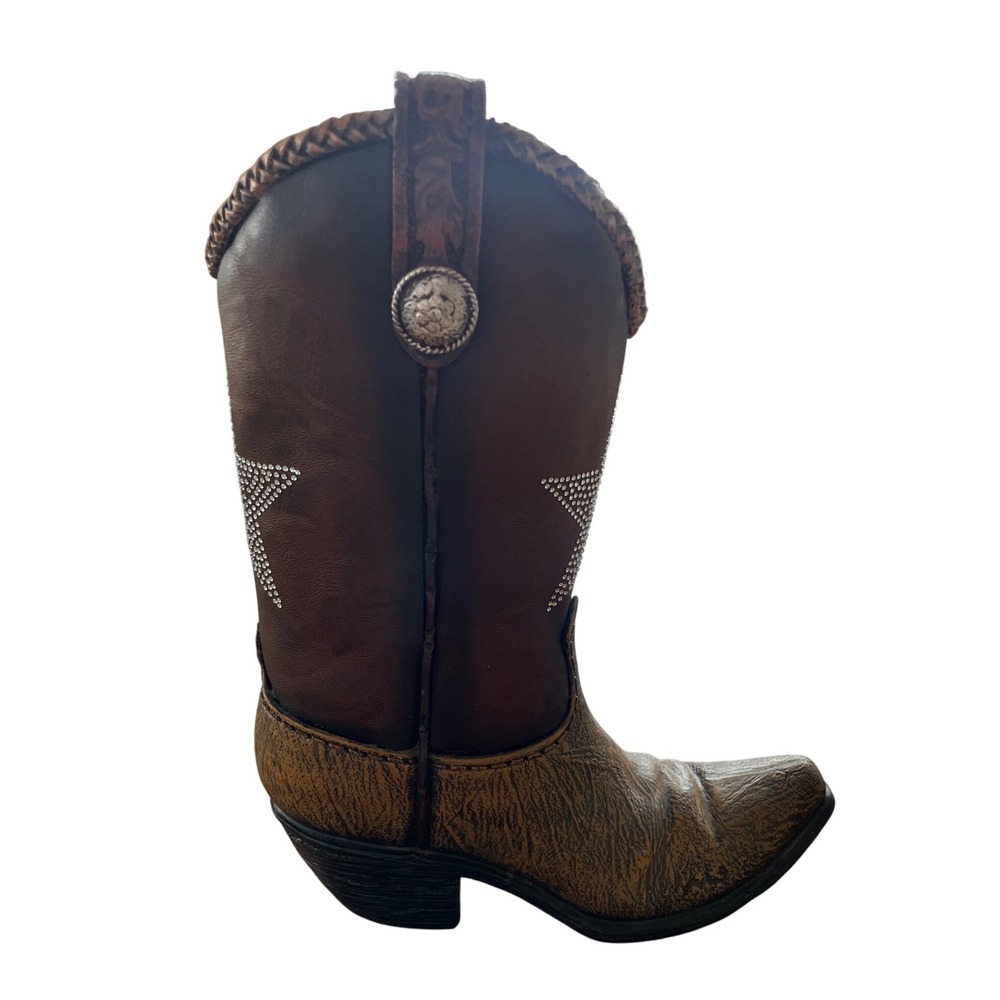 12" Western Cowboy Boot Ceramic/Resin Vase Faux Leather & Rhinestone Star Decor